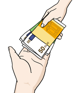 Eine Hand übergibt Geld in eine andere Hand.